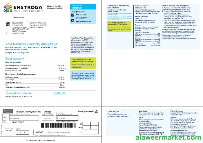 United Kingdom Enstroga utility bill template in Word and PDF formats, 2 pages